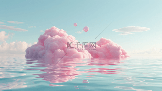 夏日促销电商背景图片_清凉夏天海平面上的粉色云朵电商空镜设计图