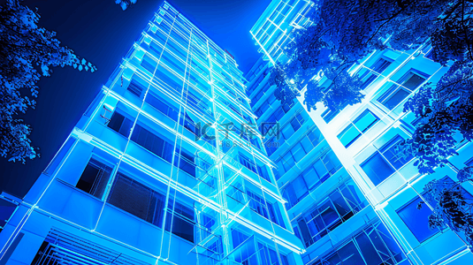 蓝色灯光夜晚仰视城市高楼大厦的背景