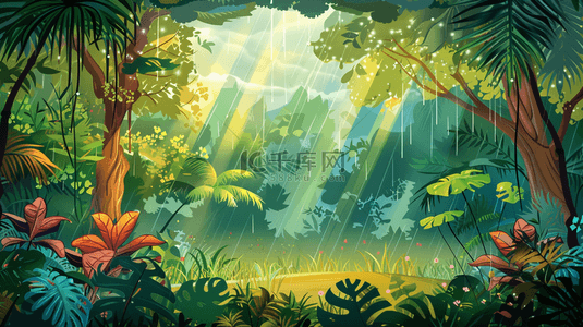 绿色卡通森林雨季下雨花草风景的背景