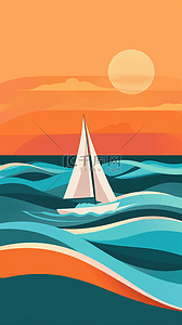 扁平风夏天大海波浪和帆船背景