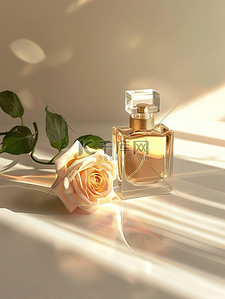 产品摄影一瓶香水和玫瑰背景