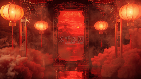 红色灯笼镜子合成创意素材背景