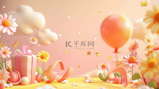 清新盒背景图片_弥散风3D花朵气球礼物盒设计图