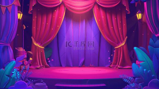 紫红画面背景图片_舞台灯光卡通合成创意素材背景