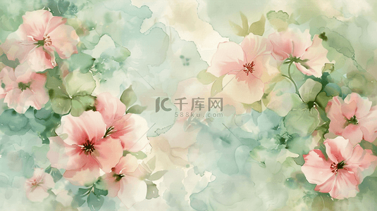 手绘水彩粉色花朵背景图片_淡绿色植物自然盛开的花朵自然背景