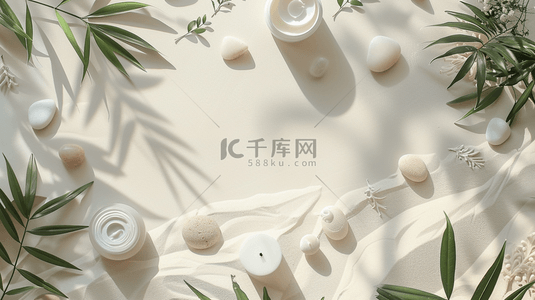 鹅卵石沙滩绿叶合成创意素材背景