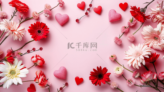 粉红爱心背景图片_粉红色爱心树枝花朵平面平铺的背景