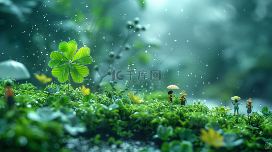 雨背景图片_植物四叶草躲雨合成创意素材背景