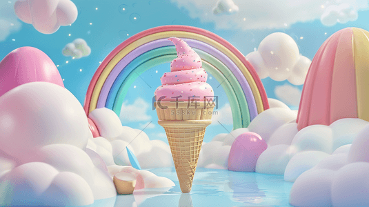 3D夏天云朵里的圣代冰淇淋甜筒背景素材