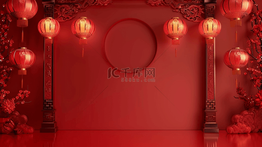 红色背景背景图片_红色灯笼镜子合成创意素材背景