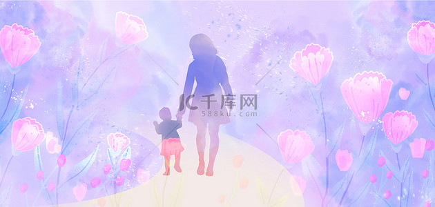 母亲节背景图片_母亲节花卉母子紫色温馨背景横图