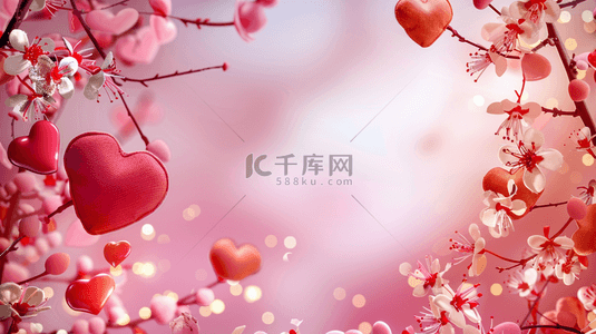 爱心背景图片_粉红色爱心树枝花朵平面平铺的背景