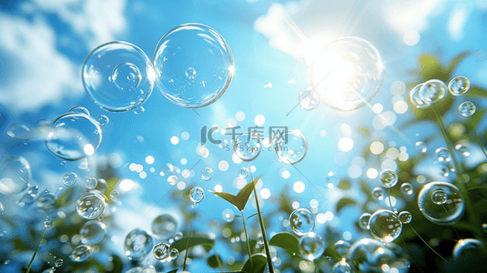 漂浮背景图片_蓝色夏季蓝天中漂浮的气泡背景