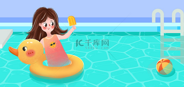 水背景图片_夏季游泳小女孩绿色卡通手绘横图背景
