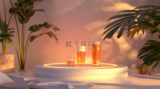 饮品背景图片_夏日盆栽装饰的圆形展示台上的啤酒背景