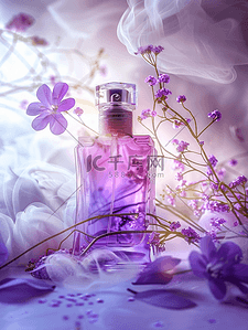 化妆品背景图片_紫色浪漫花朵化妆品喷雾拍摄场景的背景