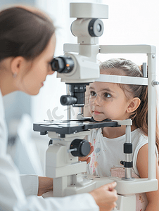 医生给小女孩检查视力问题