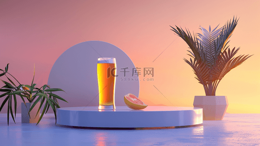 电商背景图片_夏日盆栽装饰的圆形展示台上的啤酒背景