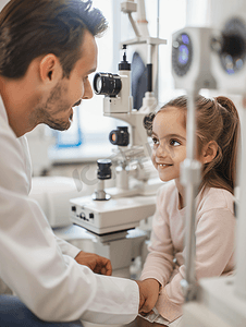 在验光机构里检查视力验光的小女孩和验光师