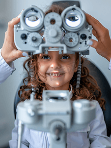 在验光机构里检查视力验光的小女孩和验光师