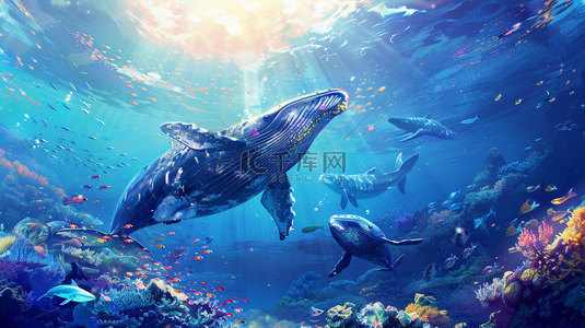 深海鲸鱼珊瑚合成创意素材背景