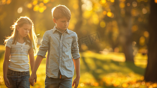 一个女生摄影照片_一个男孩和一个女孩一起在公园散步图片