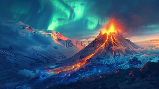 火山背景图片_火山喷发极光合成创意素材背景