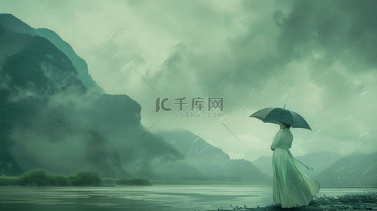 女人撑伞降雨合成创意素材背景