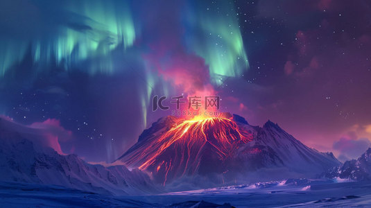 火山喷发极光合成创意素材背景