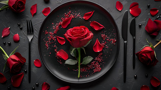玫瑰餐具俯瞰浪漫摄影照片
