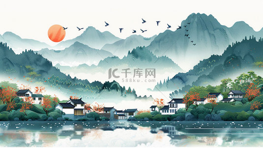 水墨背景图片_水墨高山水乡合成创意素材背景