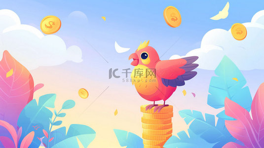 卡通背景金币背景图片_卡通金币小鸟合成创意素材背景