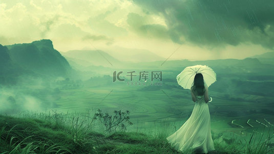 女人撑伞降雨合成创意素材背景