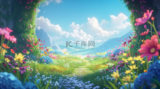 小路绘画背景图片_小路草地鲜花合成创意素材背景