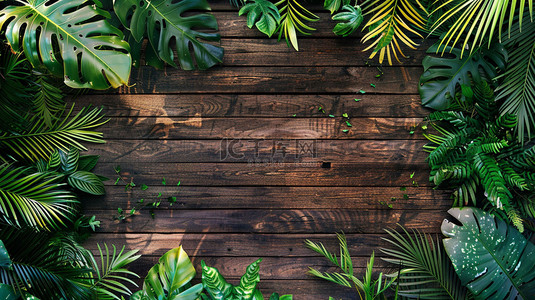 木板纹理绿叶合成创意素材背景