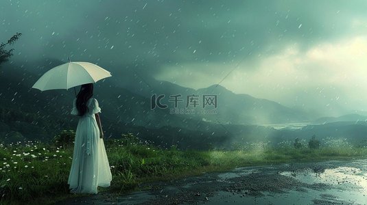 女人撑伞降雨合成创意素材背景