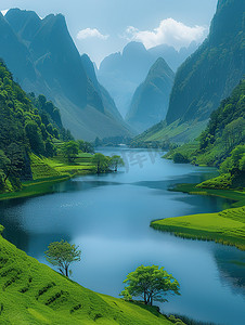 青山湖泊绿水蓝天高清图片