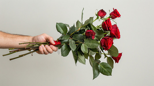 送玫瑰摄影照片_手拿一束红玫瑰图片