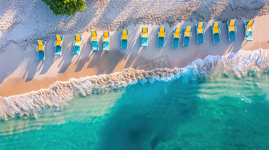 沙滩椅摄影照片_航拍海边沙滩上的沙滩椅图片
