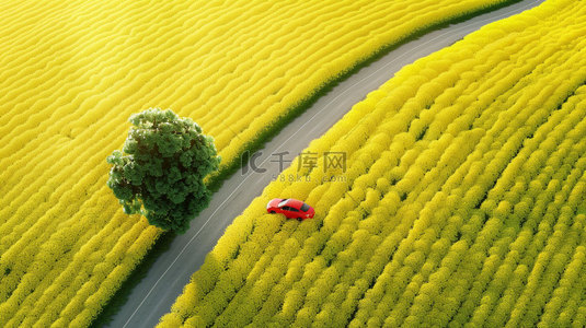 汽车创意合成背景背景图片_油菜花汽车公路合成创意素材背景