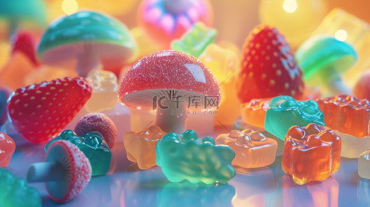 水果合成背景背景图片_蘑菇软糖水果合成创意素材背景