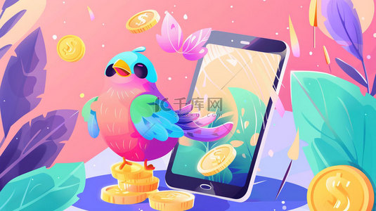 卡通金币背景图片_卡通金币小鸟合成创意素材背景