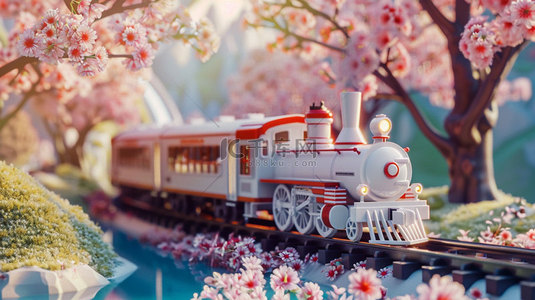 列车背景图片_樱花列车模型合成创意素材背景