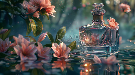 香水素材背景图片_鲜花香水水面合成创意素材背景