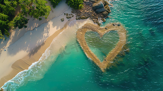大海沙滩摄影照片_热带大海沙滩爱心形状摄影图