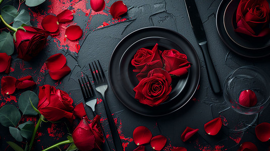 浪漫情人节摄影照片_玫瑰餐具俯瞰浪漫摄影照片
