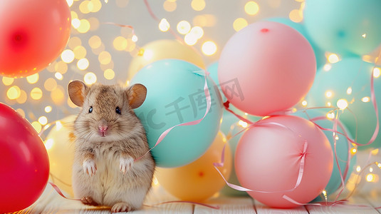 一束氢气球摄影照片_可爱动物和气球生日派对图片