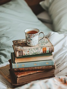 床上书本上的一杯茶复古摄影照片