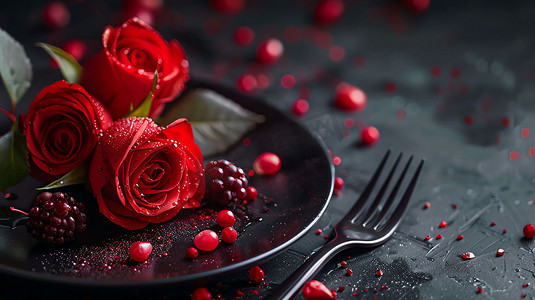玫瑰餐具俯瞰浪漫摄影照片