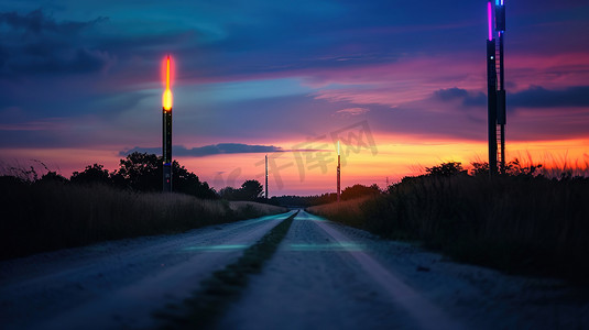 荒野公路旁的信号塔图片